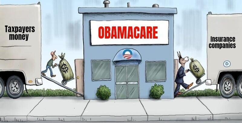 OBAMACARE
Taxpayers money  [left truck]\nInsurance companies  [right truck]
