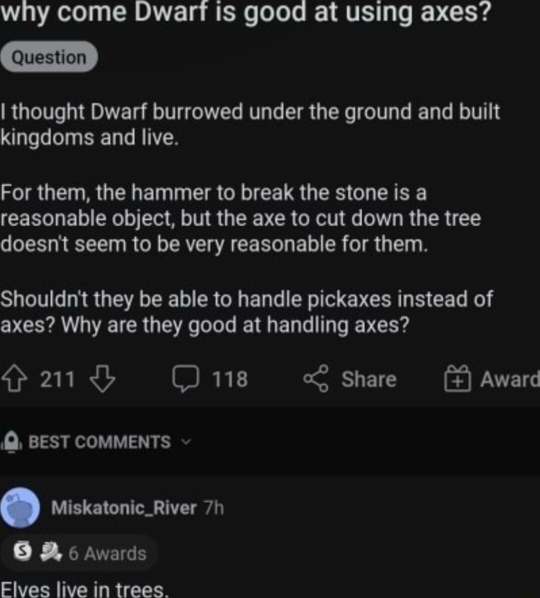 why come Dwart Is good at using axes thought Dwarf burrowed under the ground and built kingdoms and live For them the hammer to break the stone is a CEEEL EEL LR RLTR G EEVER GRS TR U R Y doesnt seem to be very reasonable for them Shouldnt they be able to handle pickaxes instead of axes Why are they good at handling axes oy Dne share Q BEST COMMENTS LU Miskatonic_River 7h O 6 Awards Flves live in 