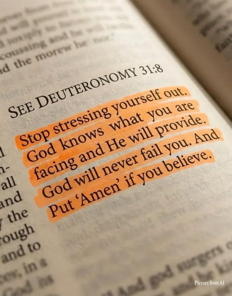 SEE DEUTERONOMY 31:8. Stop stressing yourself out. God knows what you are facing and He will provide. God will never fail you. And Put 'Amen' if you believe.