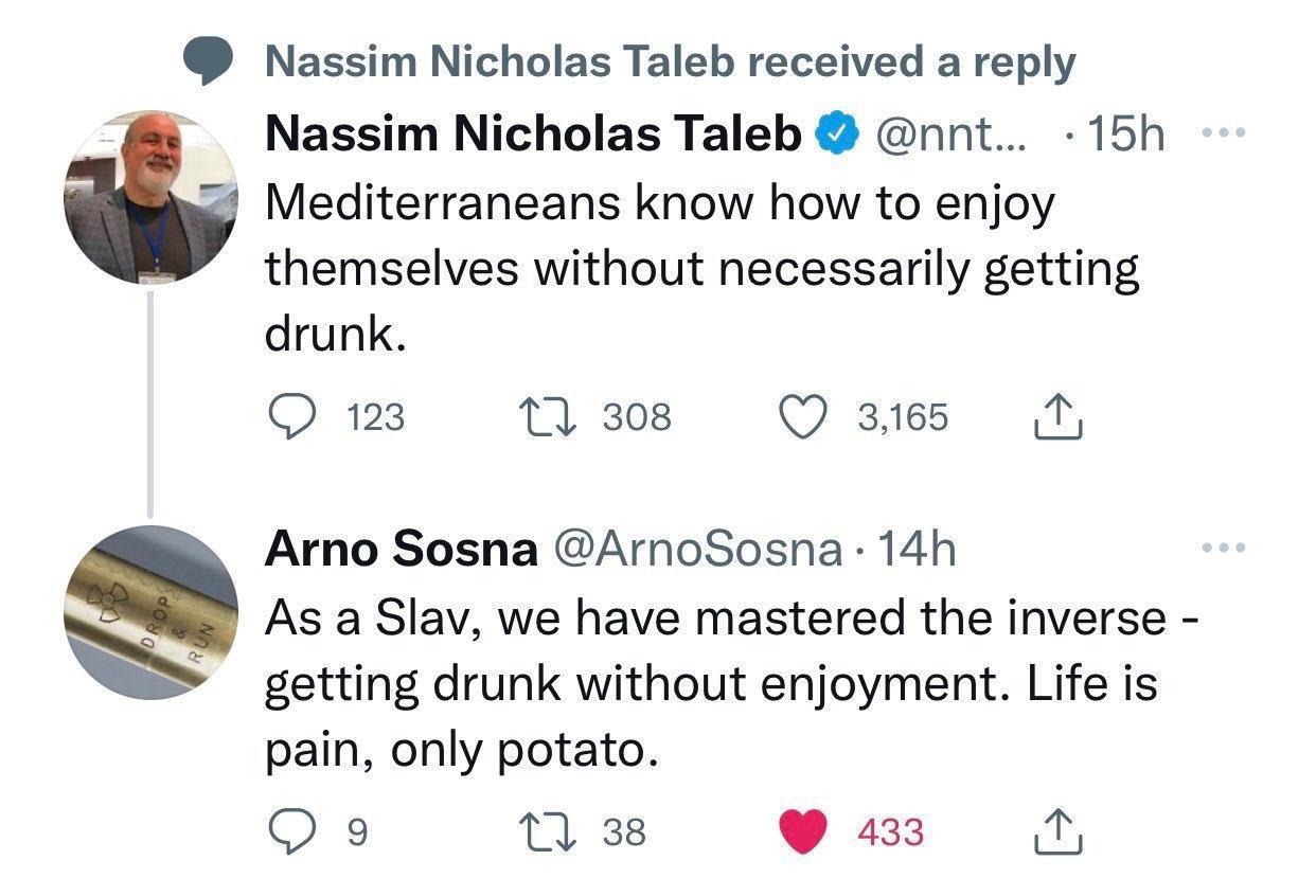 Nassim Nicholas Taleb received a reply Nassim Nicholas Taleb nnt 15h Mediterraneans know how to enjoy themselves without necessarily getting drunk QO 123 T 308 Q 3165 M Arno Sosna ArnoSosna 14h Q As a Slav we have mastered the inverse Q getting drunk without enjoyment Life is pain only potato QO 9 M 38 433 g