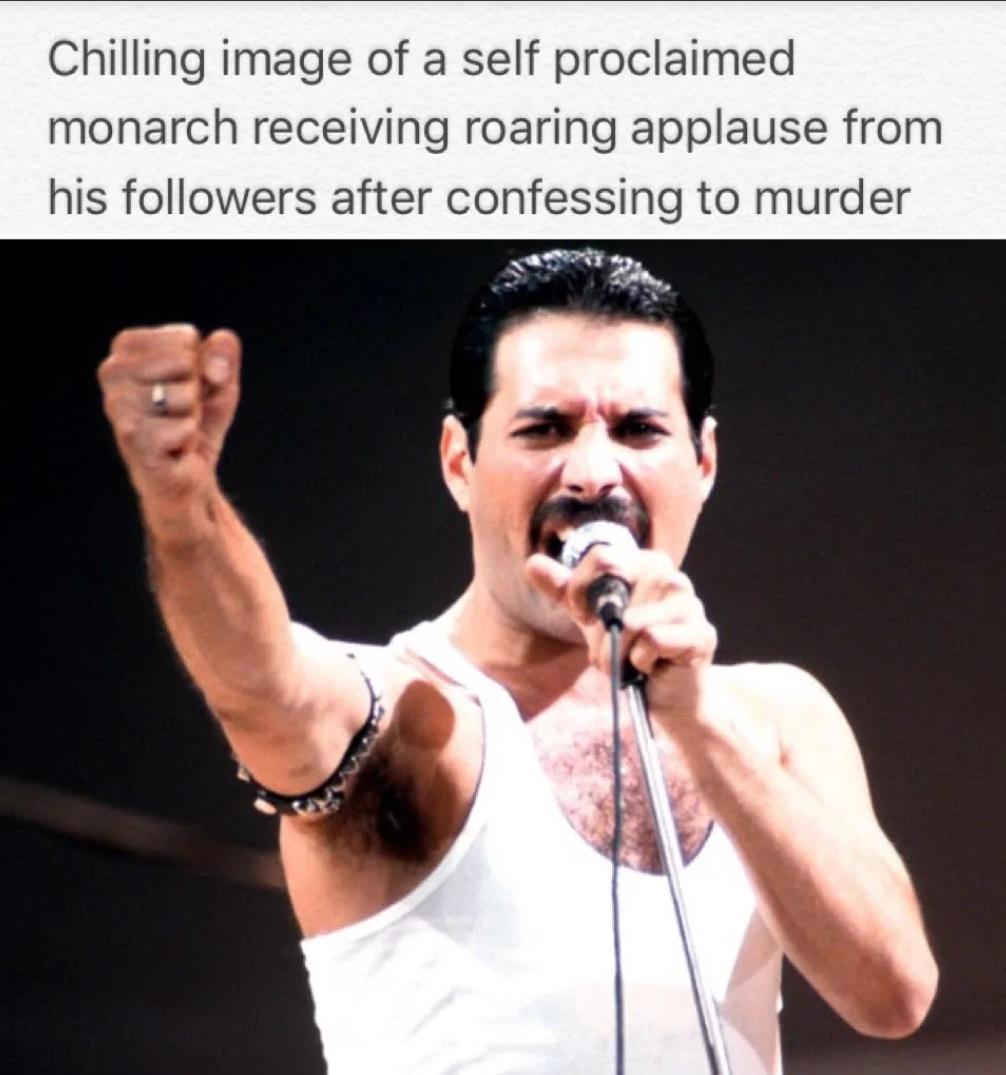 Chilling image of a self proclaimed monarch receiving roaring applause from his followers after confessing to murder