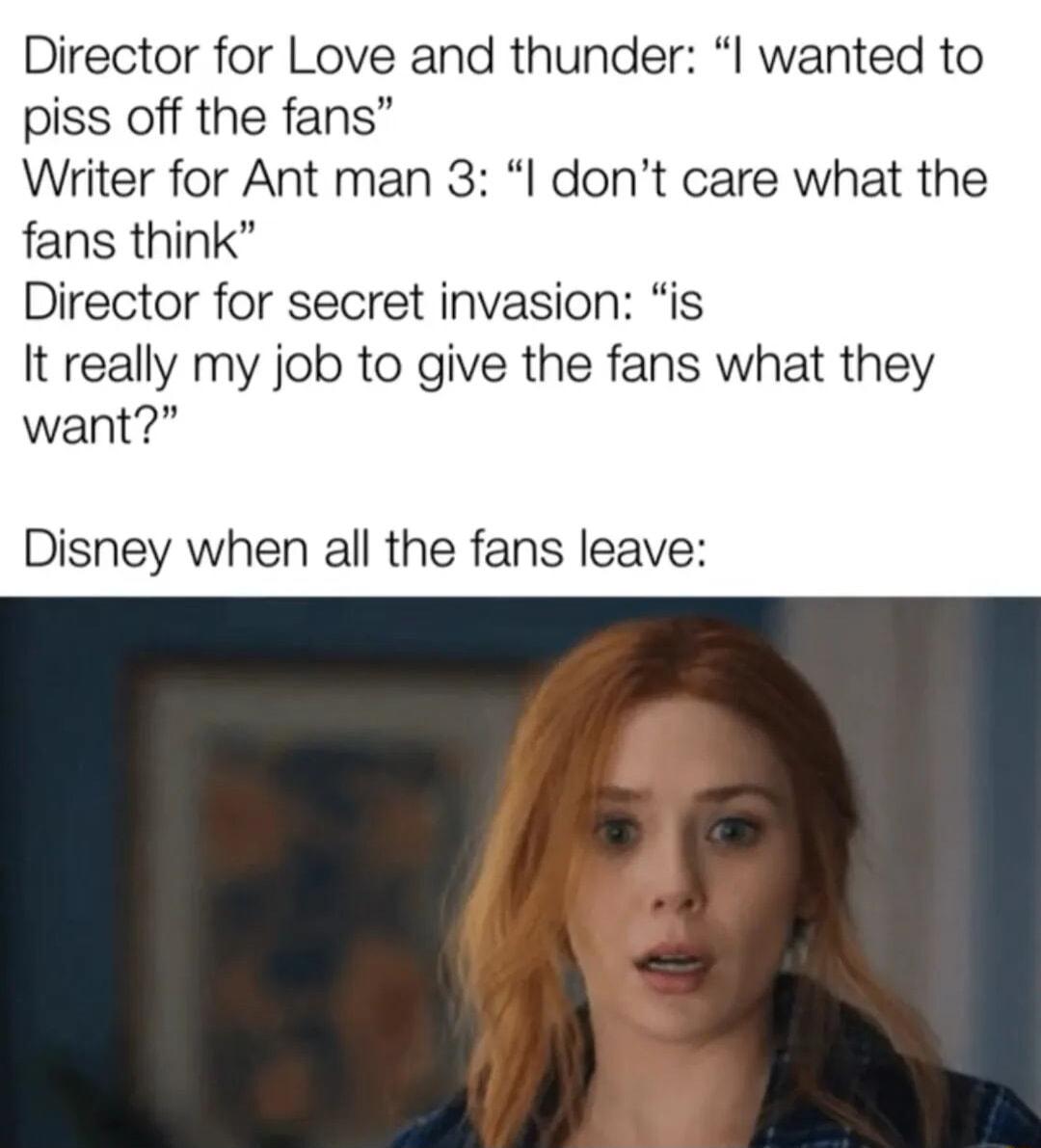 Director for Love and thunder wanted to piss off the fans Writer for Ant man 3 I dont care what the fans think Director for secret invasion is It really my job to give the fans what they want Disney when all the fans leave