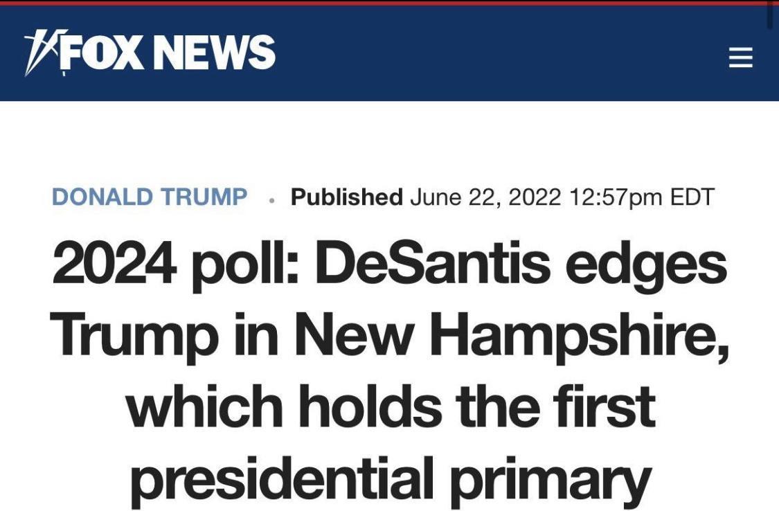 VFOX NEWS DONALD TRUMP Published June 22 2022 1257pm EDT 2024 poll DeSantis edges Trump in New Hampshire which holds the first presidential primary