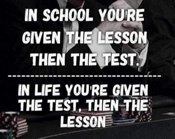 IN SCHOOL YOU'RE GIVEN THE LESSON THEN THE TEST. IN LIFE YOU'RE GIVEN THE TEST, THEN THE LESSON
