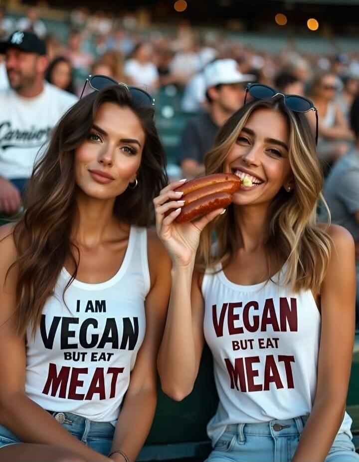 Two women are wearing tank tops with the text 'I AM VEGAN BUT EAT MEAT' and 'VEGAN BUT EAT MEAT'. One woman is smiling and taking a bite out of a sausage.