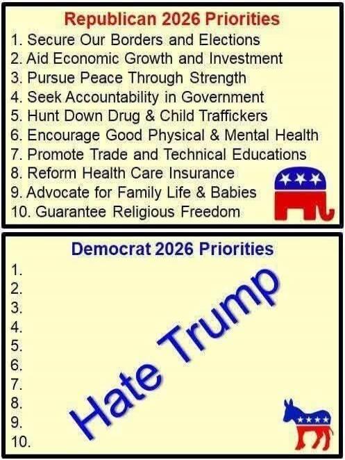 Republican 2026 Priorities: 1. Secure Our Borders and Elections 2. Aid Economic Growth and Investment 3. Pursue Peace Through Strength 4. Seek Accountability in Government 5. Hunt Down Drug & Child Traffickers 6. Encourage Good Physical & Mental Health 7. Promote Trade and Technical Educations 8. Reform Health Care Insurance 9. Advocate for Family 