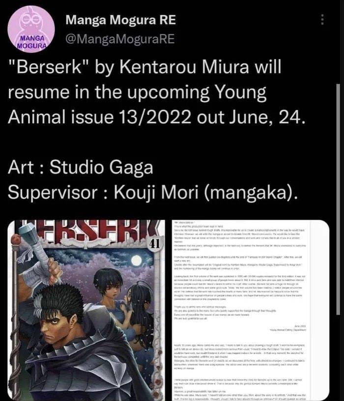 WELER TR vanc SCIVEREEIVCENEINS Berserk by Kentarou Miura will resume in the upcoming Young Animal issue 132022 out June 24 Art Studio Gaga Supervisor Kouji Mori mangaka