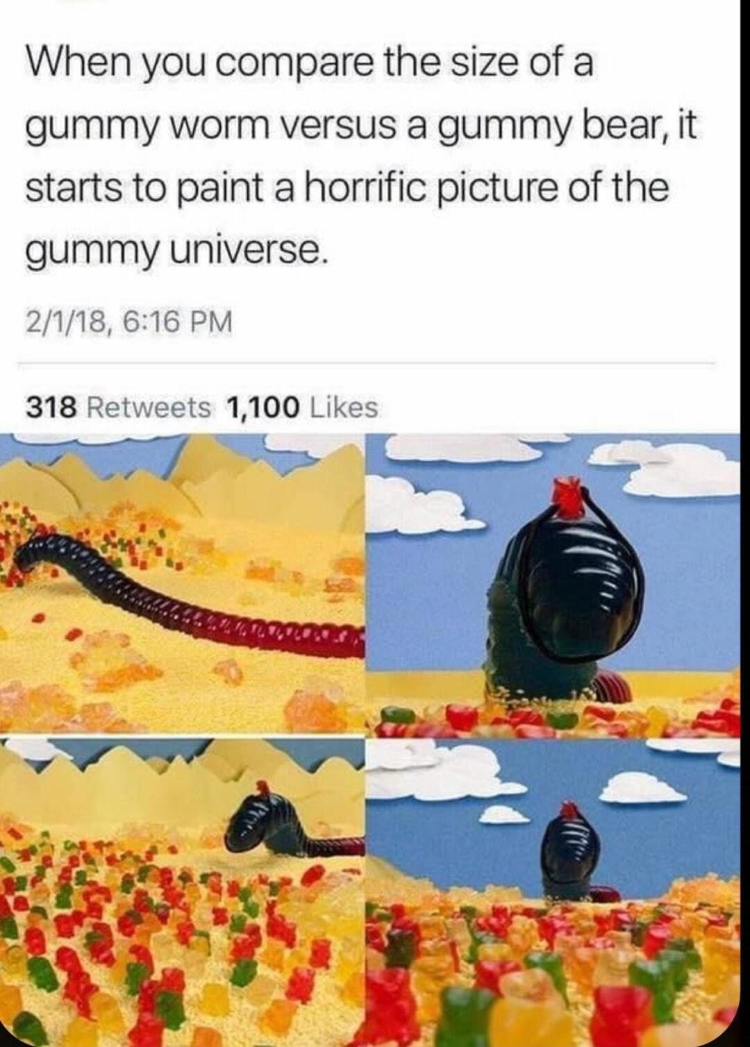 When you compare the size of a gummy worm versus a gummy bear it starts to paint a horrific picture of the gummy universe 2118 616 PM 318 Retweets 1100 Likes