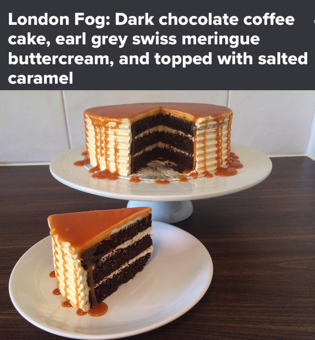 London Fog Dark chocolate coffee cake earl grey swiss meringue buttercream and topped with salted caramel