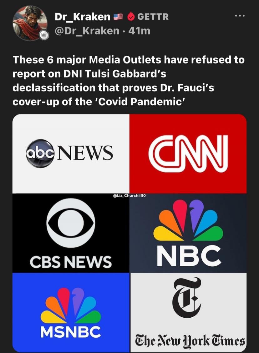 Dr_Kraken GETTR @Dr_Kraken · 41m These 6 major Media Outlets have refused to report on DNI Tulsi Gabbard's declassification that proves Dr. Fauci's cover-up of the 'Covid Pandemic' @Liz_Churchill10 ABC NEWS CNN CBS NEWS NBC MSNBC The New York Times