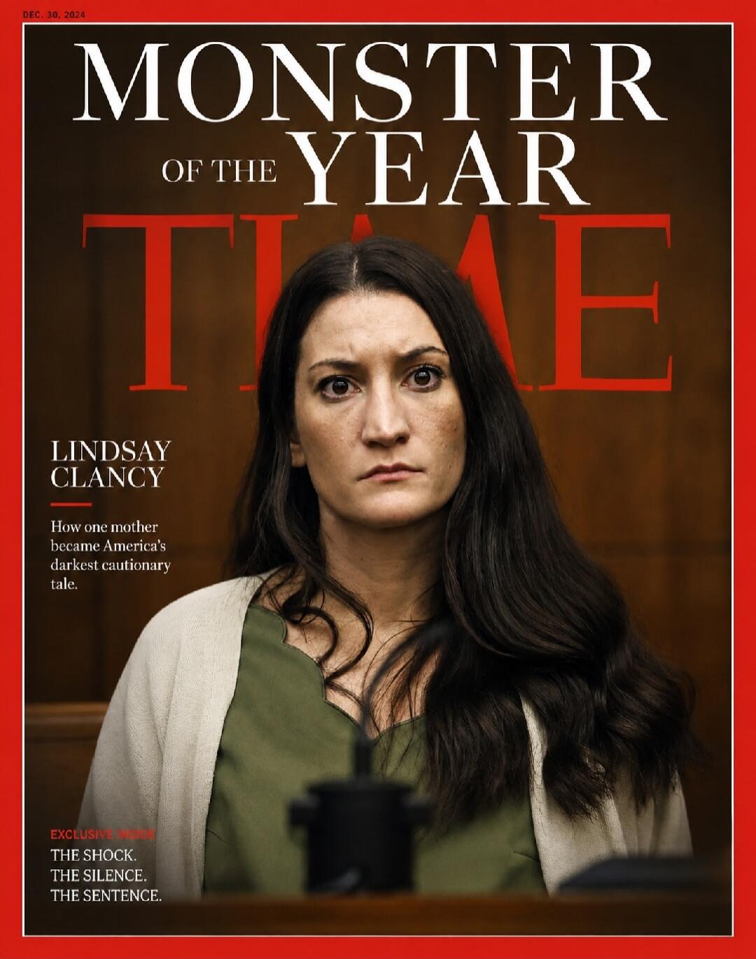 DEC. 30, 2024. MONSTER OF THE YEAR. TIME. LINDSAY CLANCY. How one mother became America's darkest cautionary tale. EXCLUSIVE INSIDE. THE SHOCK. THE SILENCE. THE SENTENCE.