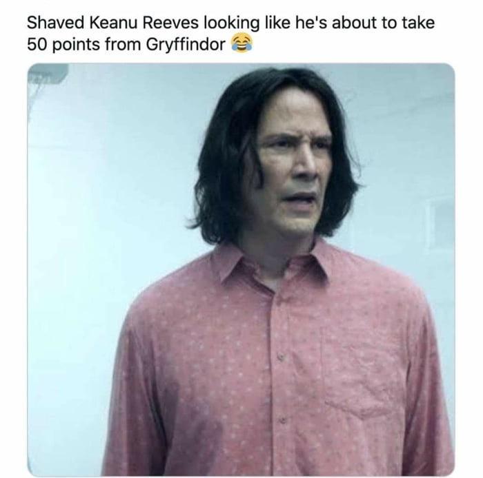 Shaved Keanu Reeves looking like hes about to take 50 points from Gryffindor i