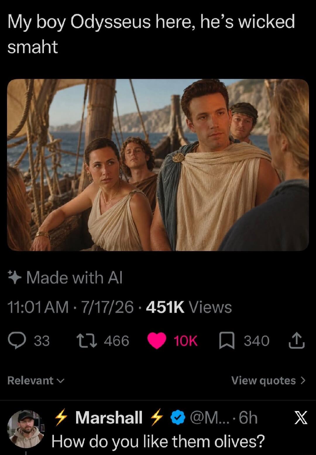 My boy Odysseus here, he's wicked smaht. Made with AI. How do you like them olives?