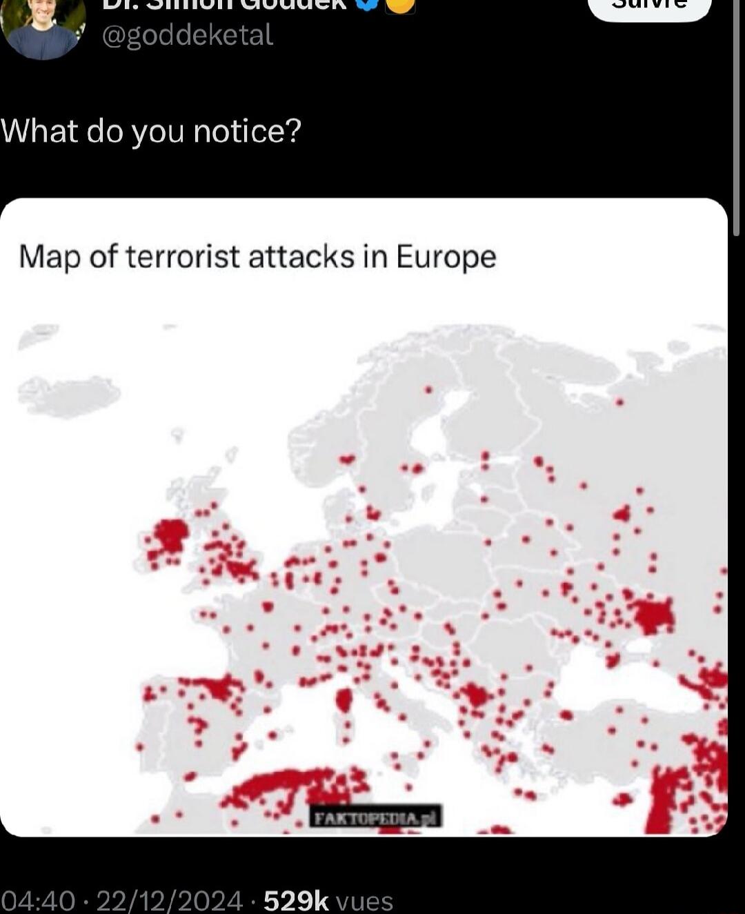 What do you notice Map of terrorist attacks in Europe