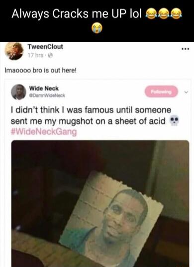 Always Cracks me UP lo L2 TweenClout Imao00o bro is out here Wide Neck didnt think was famous until someone sent me my mugshot on a sheet of acid