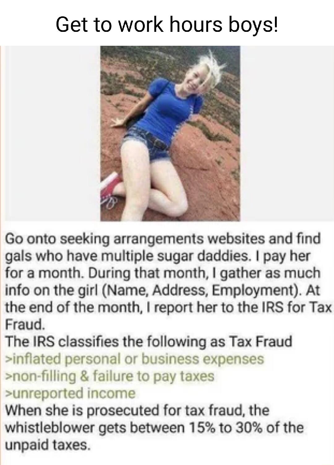 Get to work hours boys Go onto seeking arrangements websites and find gals who have multiple sugar daddies pay her for a month During that month gather as much info on the girl Name Address Employment At the end of the month report her to the IRS for Tax Fraud The IRS classifies the following as Tax Fraud inflated personal or business expenses non filling failure to pay taxes unreported income Whe