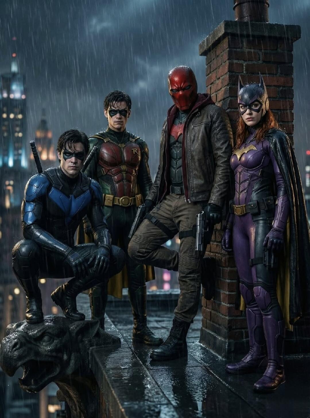 Four-costumed vigilantes posing on a rain-soaked rooftop; they wear masks and capes, with a city skyline in the background.