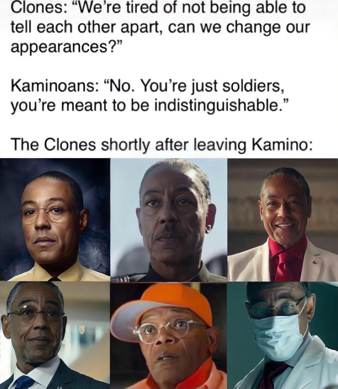 Werre tired of not being able to tell each other apart can we change our appearances Kaminoans No Youre just soldiers youre meant to be indistinguishable The Clones sh after leaving Kami