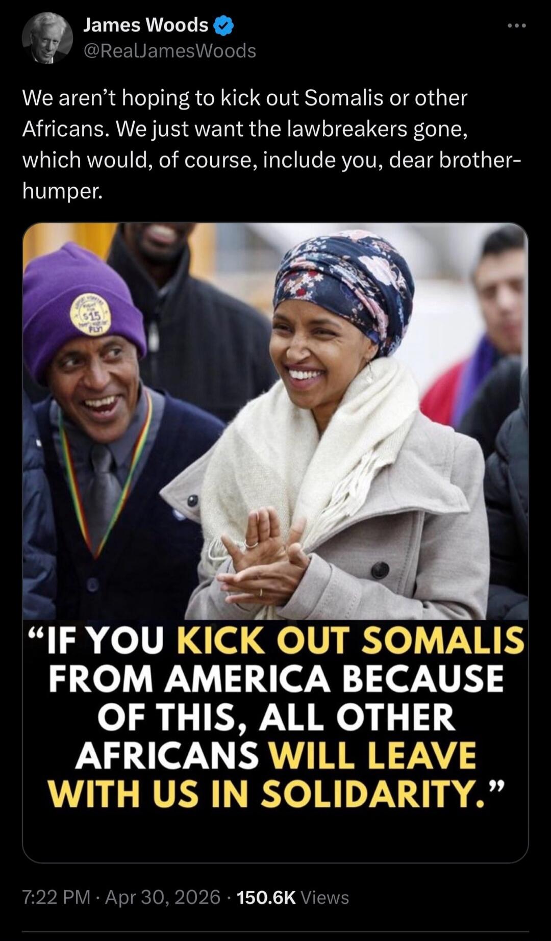 We aren't hoping to kick out Somalis or other Africans. We just want the lawbreakers gone, which would, of course, include you, dear brother-humper. IF YOU KICK OUT SOMALIS FROM AMERICA BECAUSE OF THIS, ALL OTHER AFRICANS WILL LEAVE WITH US IN SOLIDARITY.