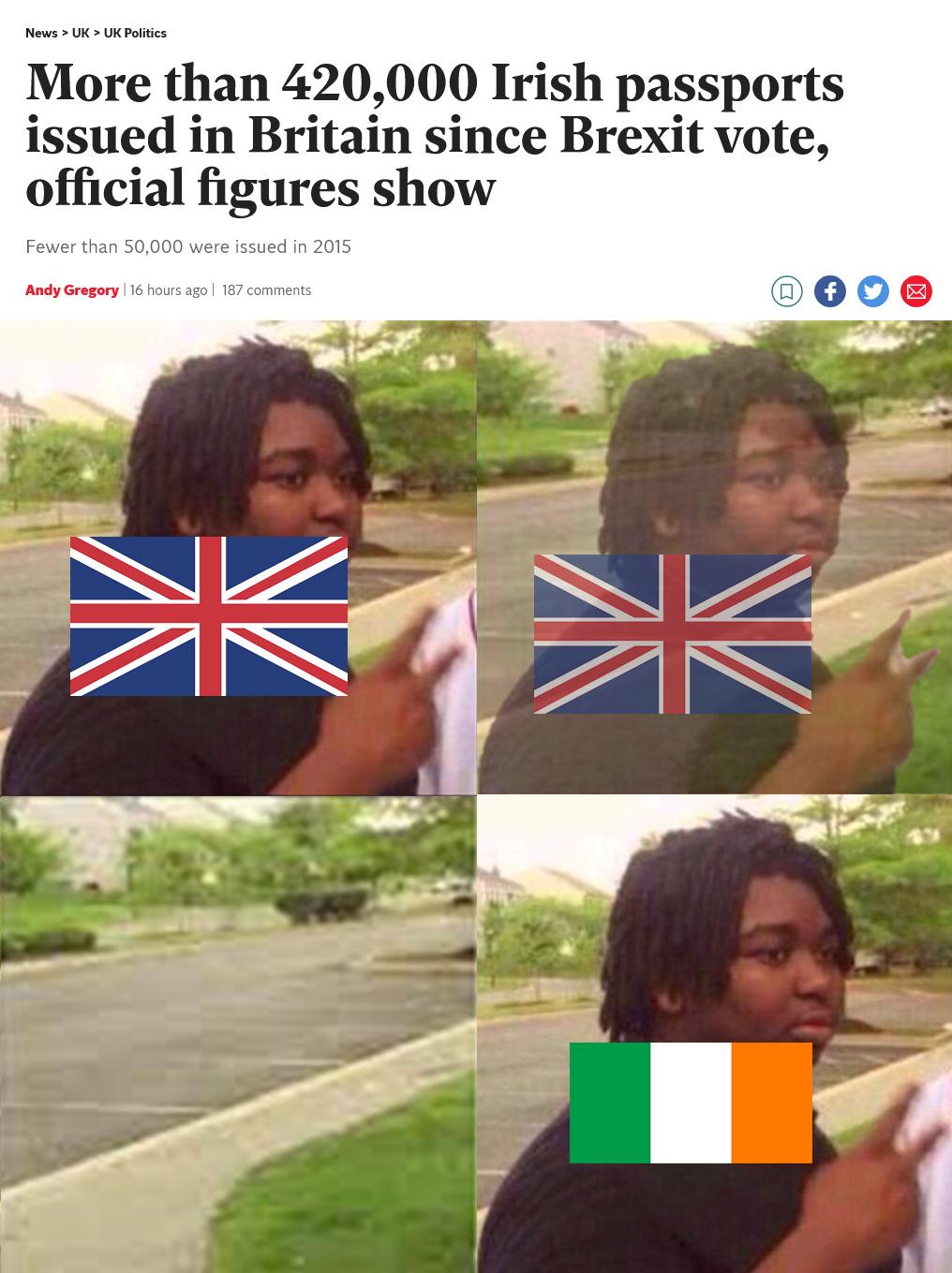 UK UK Politics More than 420000 Irish passports issued in Britain since Brexit vote official figures show Fewer than 50000 were issued in 2015 Andy Gregory 16