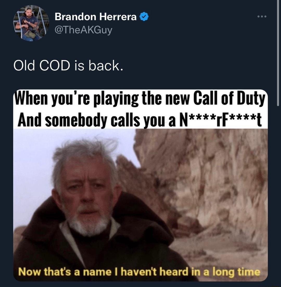 Brandon Herrera L TheAKGuy Old COD is back hen youre playing the new Call of Duty And somebody calls you a Nrfft Now thats a name havent heard ina