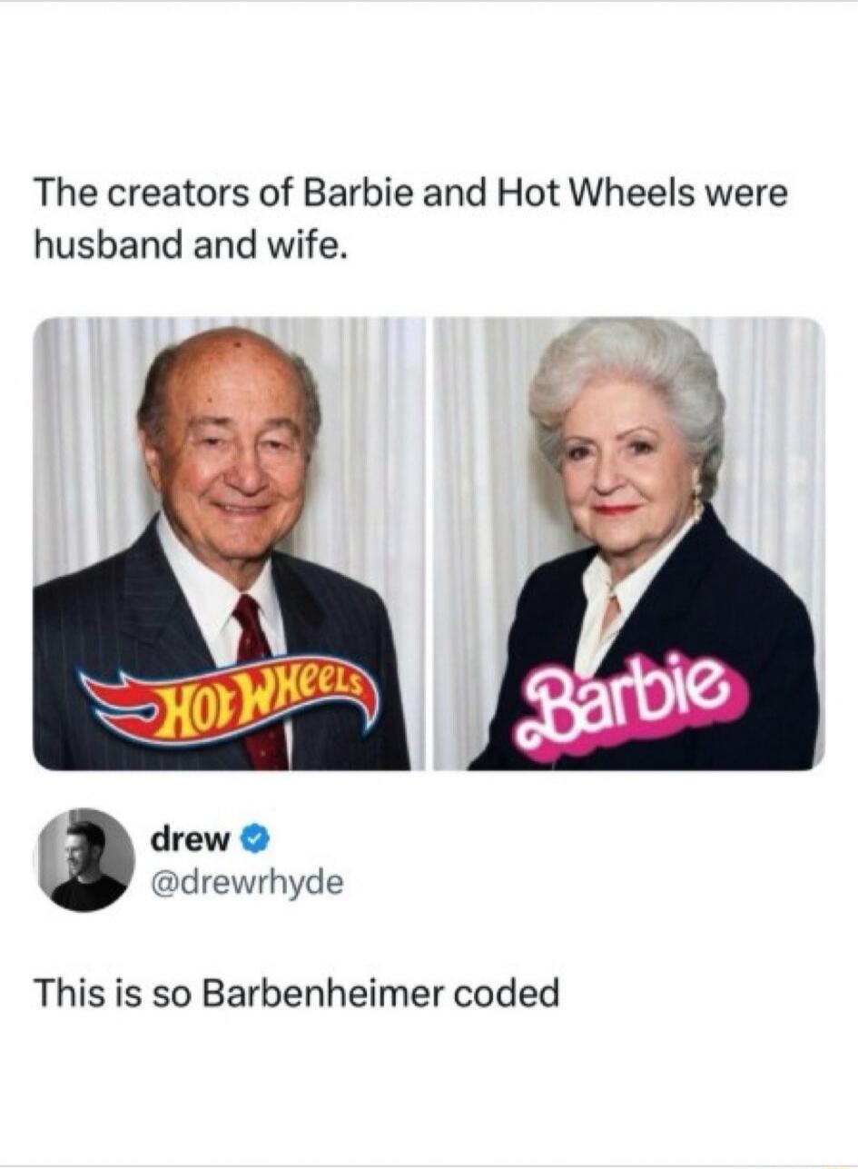 The creators of Barbie and Hot Wheels were husband and wife. This is so Barbenheimer coded.
