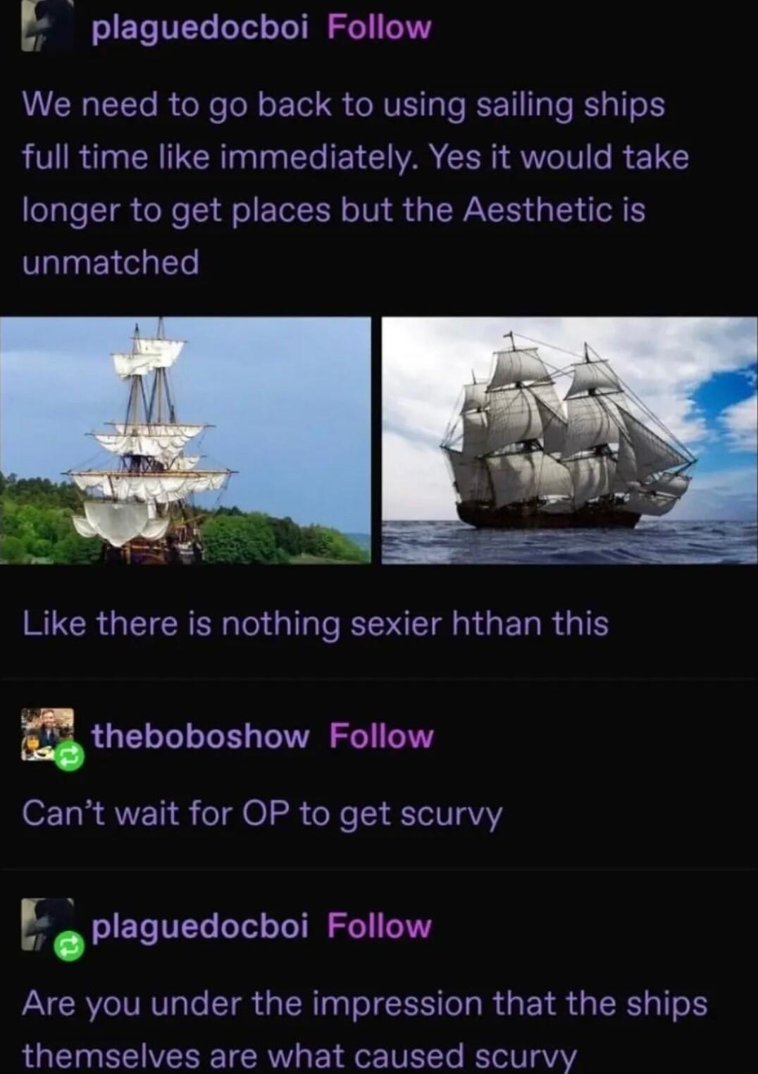 plaguedocboi Follow We need to go back to using sailing ships full time like immediately Yes it would take longer to get places but the Aesthetic is unmatched BUCE GRS QIR EDIETEGER R GIN m theboboshow Follow Cant wait for OP to get scurvy plaguedocboi Follow Are you under the impression that the ships themselves are what caused scurvy