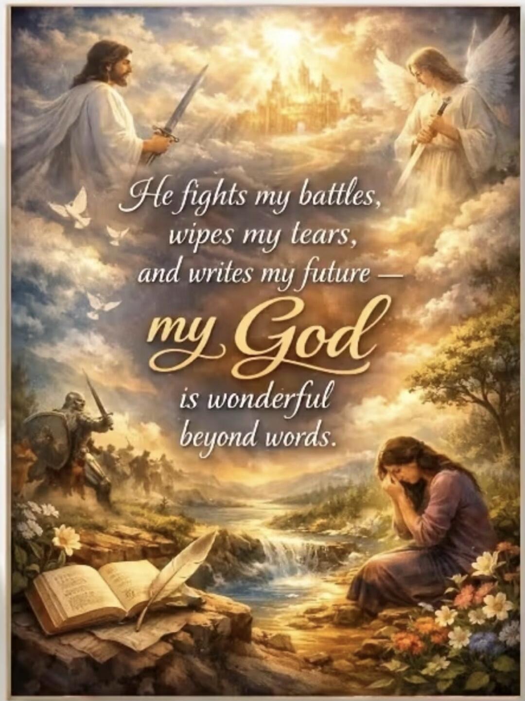 He fights my battles, wipes my tears, and writes my future — my God is wonderful beyond words.