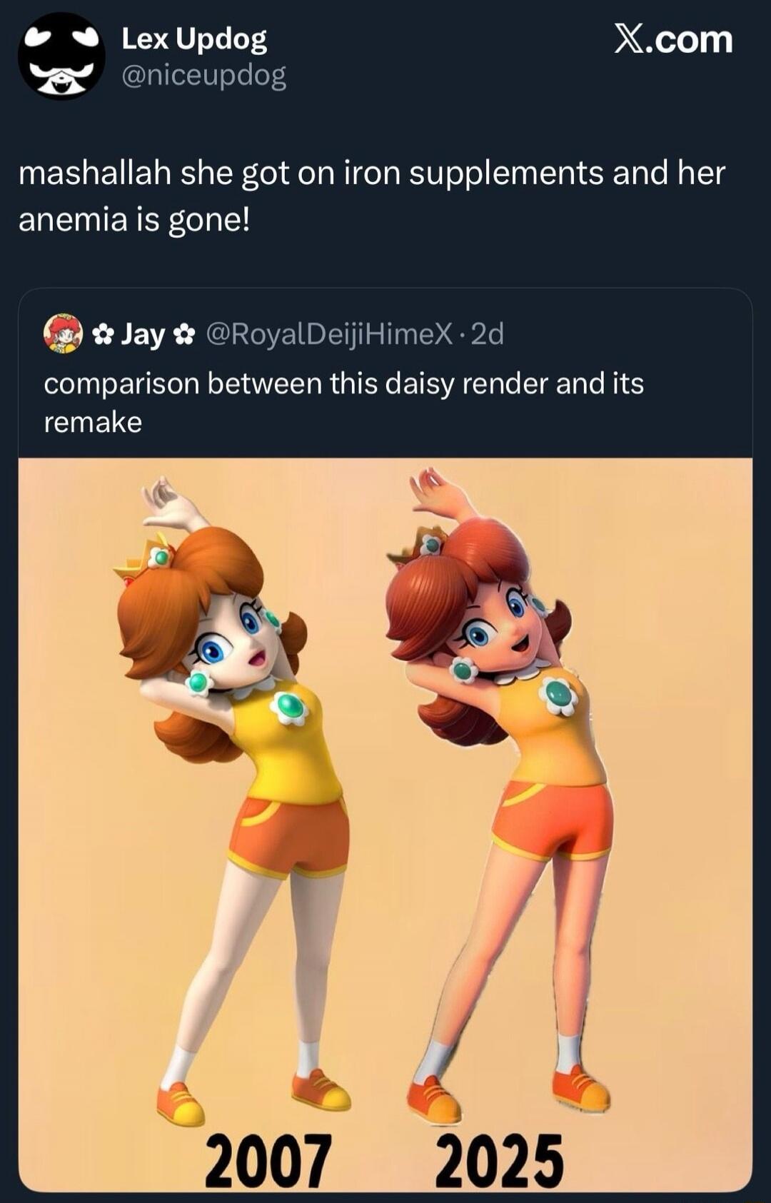 Lex Updog @niceupdog X.com mashallah she got on iron supplements and her anemia is gone! Jay @RoyalDeijiHimeX 2d comparison between this daisy render and its remake 2007 2025