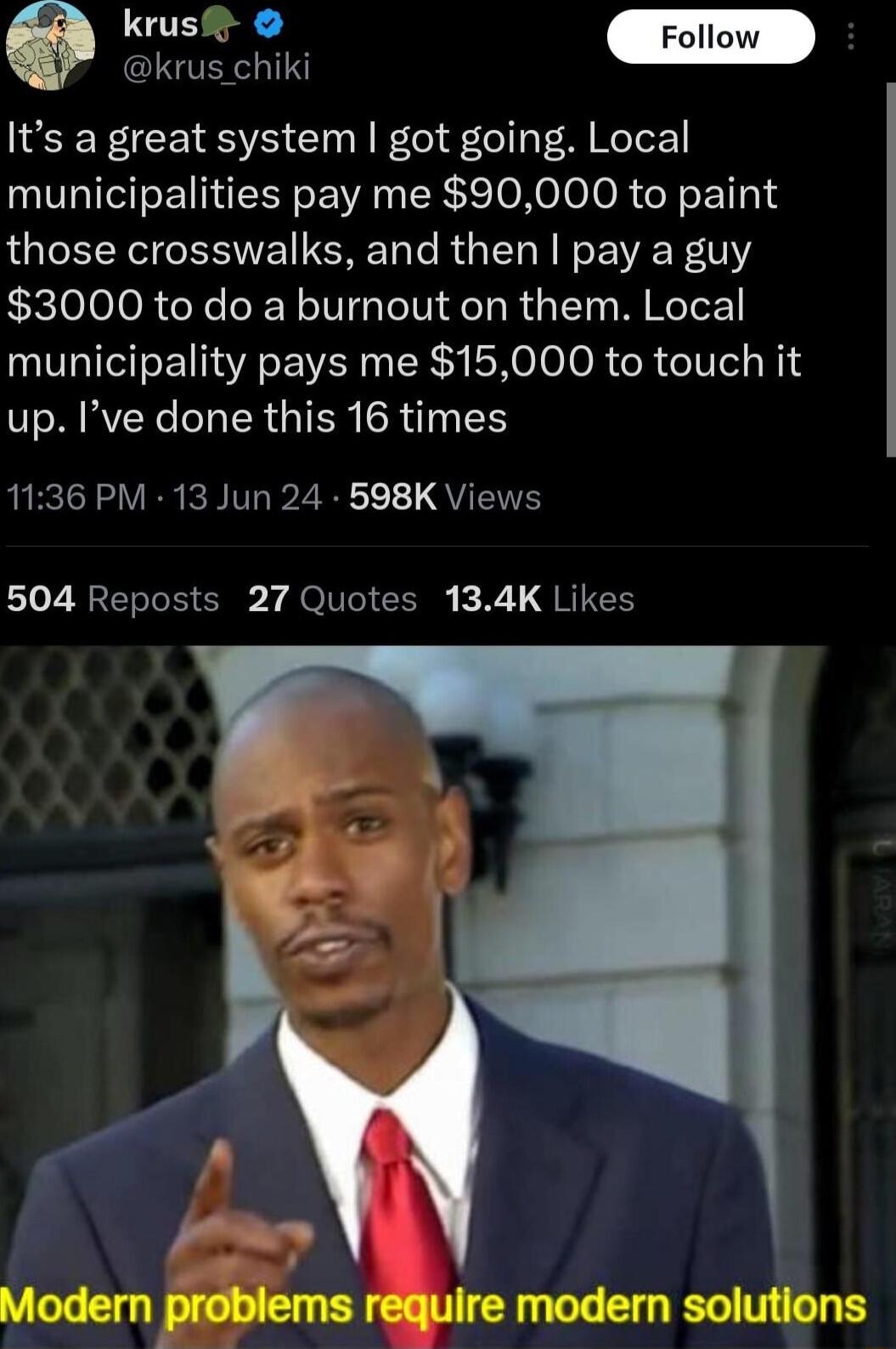 CIVERLI Its a great system got going Local municipalities pay me 90000 to paint those crosswalks and then pay a guy 3000 to do a burnout on them Local municipality pays me 15000 to touch it up Ive done this 16 times 1136 PM 13 Jun 24 598K Views 504 Reposts 27 Quotes 134K Likes