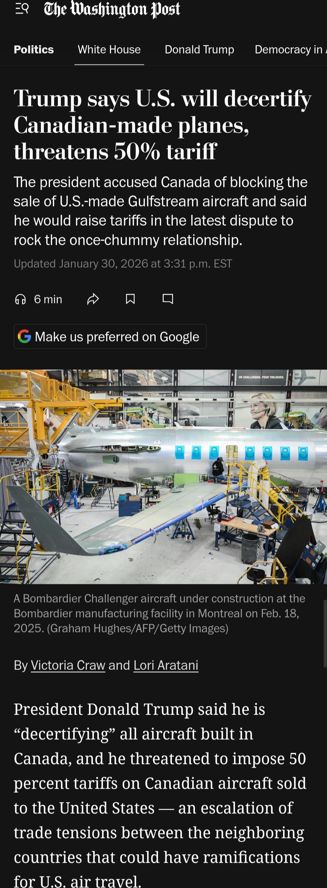 Trump says U.S. will decertify Canadian-made planes, threatens 50% tariff

The president accused Canada of blocking the sale of U.S.-made Gulfstream aircraft and said he would raise tariffs in the latest dispute to rock the once-chummy relationship.

Updated January 30, 2026 at 3:31 p.m. EST

Make us preferred on Google

A Bombardier Challenger air