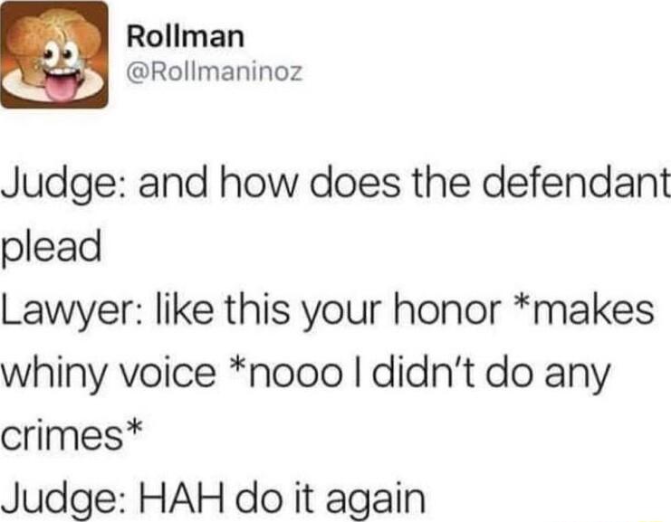 N Rollman Pl Rollmaninoz Judge and how does the defendant plead Lawyer like this your honor makes whiny voice nooo didnt do any crimes Judge HAH do it again