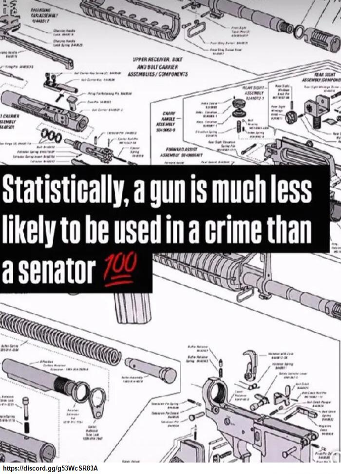 Statistically, a gun is much less likely to be used in a crime than a senator 💯