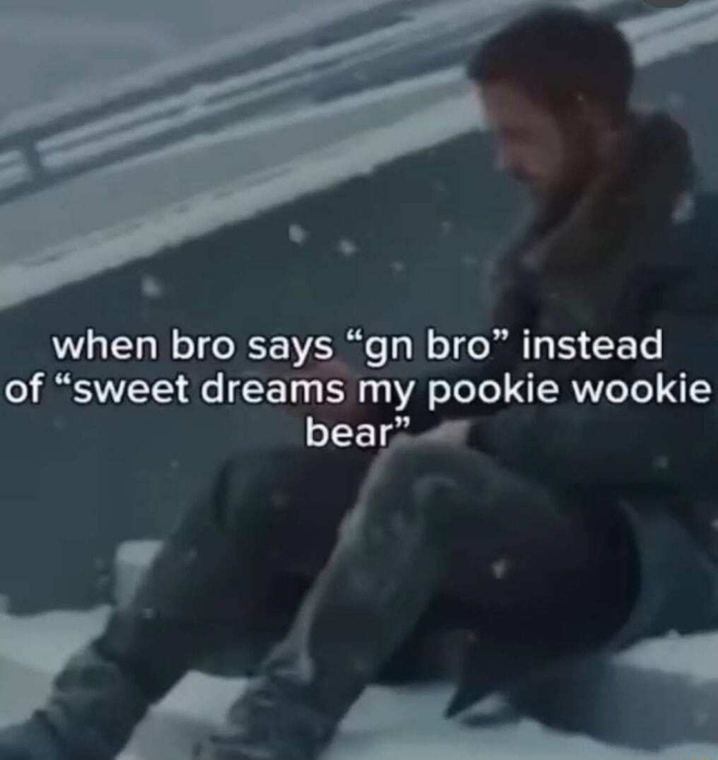 when bro saysgn bro instead of sweet dreams my pookie wookie bearl V