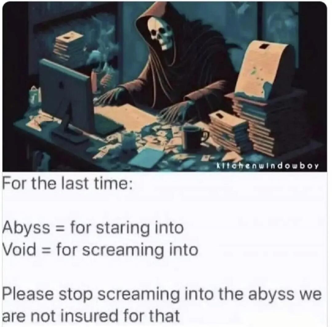 For the last time: Abyss = for staring into Void = for screaming into Please stop screaming into the abyss we are not insured for that kitchenwindowboy