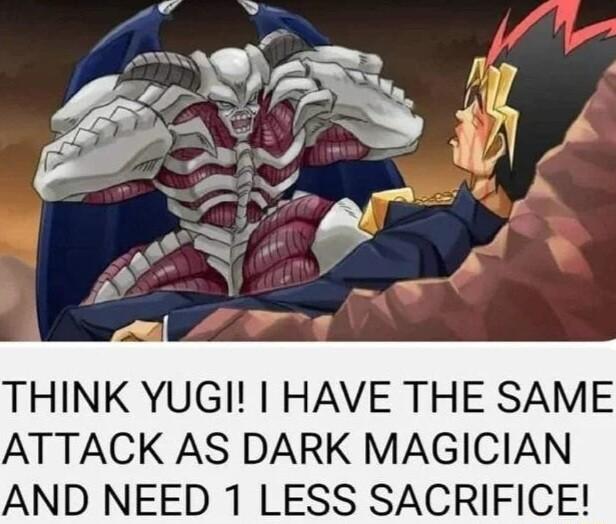 THINK YUGI HAVE THE SAME ATTACK AS DARK MAGICIAN AND NEED 1 LESS SACRIFICE