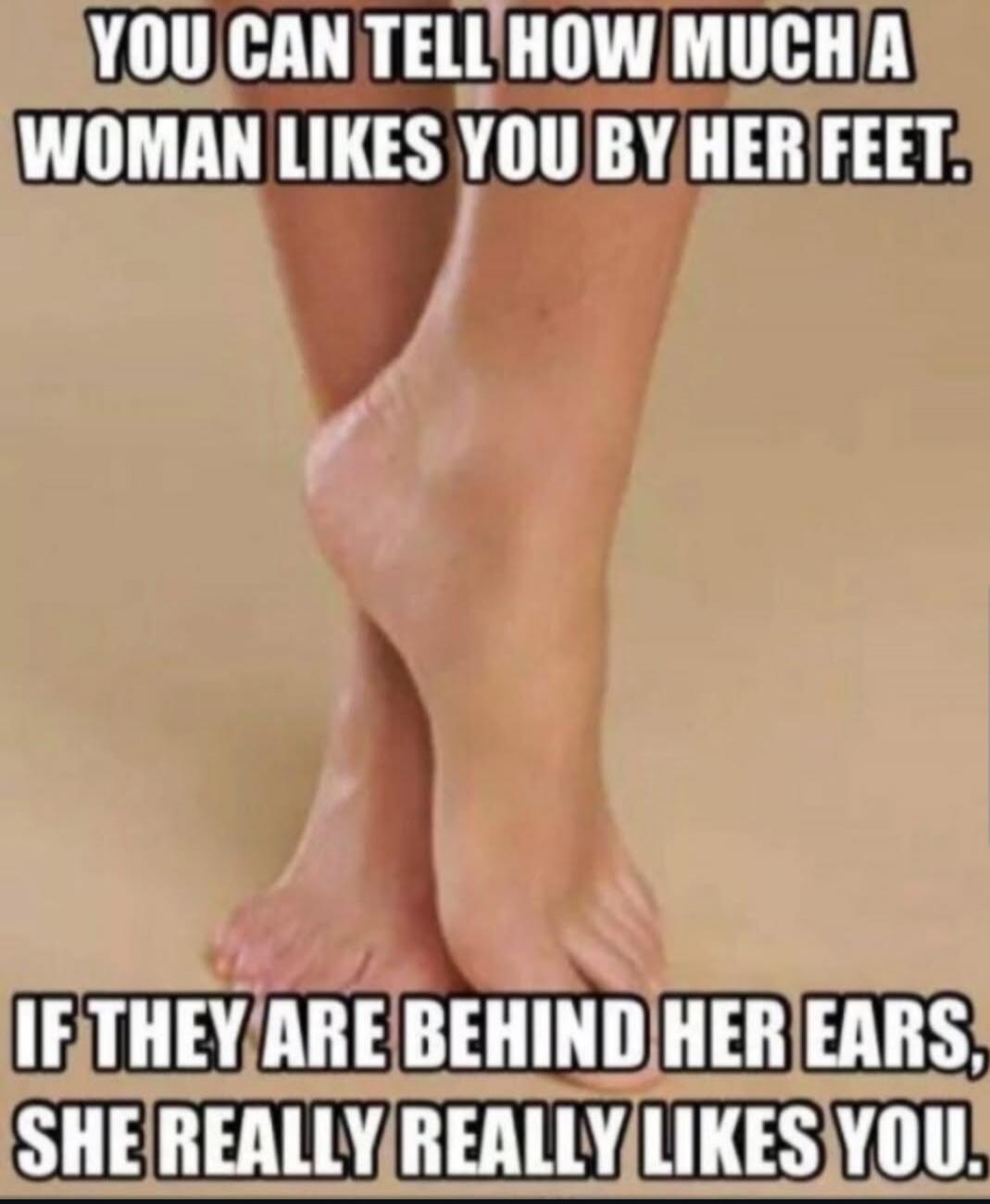 YOU CAN TELL HOW MUCH A WOMAN LIKES YOU BY HER FEET. IF THEY ARE BEHIND HER EARS, SHE REALLY REALLY LIKES YOU.
