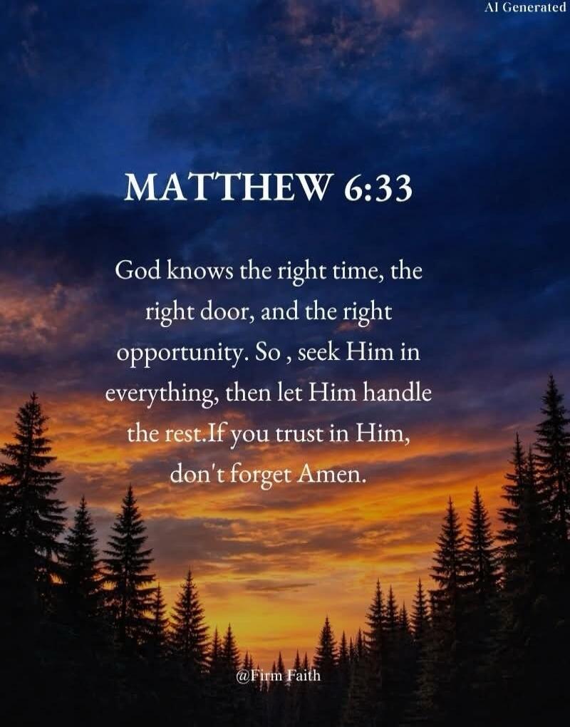 AI Generated
MATTHEW 6:33
God knows the right time, the right door, and the right opportunity. So, seek Him in everything, then let Him handle the rest. If you trust in Him, don't forget Amen.
@ Firm Faith