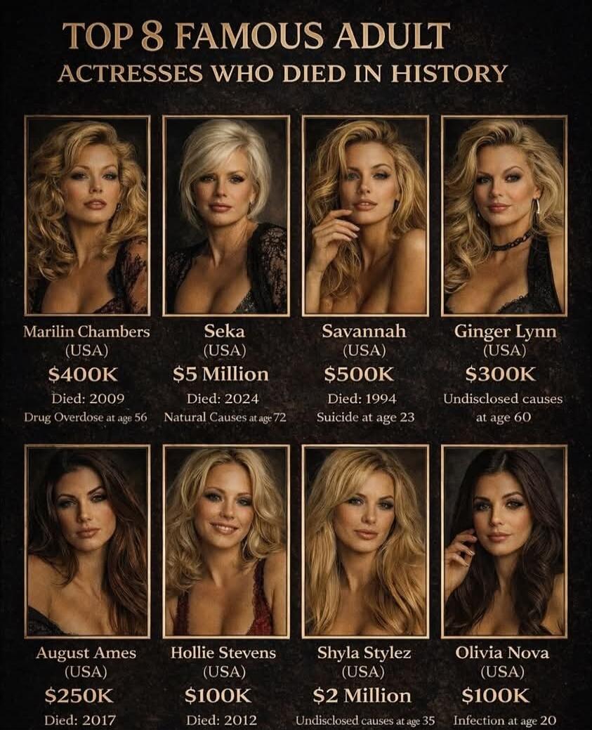 TOP 8 FAMOUS ADULT ACTRESSES WHO DIED IN HISTORY
Marilin Chambers (USA) $400K Died: 2009 Drug Overdose at age 56
Seka (USA) $5 Million Died: 2024 Natural Causes at age 72
Savannah (USA) $500K Died: 1994 Suicide at age 23
Ginger Lynn (USA) $300K Undisclosed causes at age 60
August Ames (USA) $250K Died: 2017
Hollie Stevens (USA) $100K Died: 2012
Shy