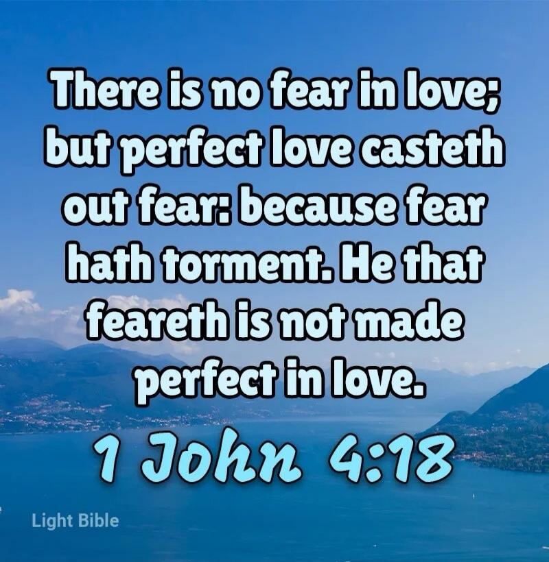There is no fear in love; but perfect love casteth out fear: because fear hath torment. He that feareth is not made perfect in love. 1 John 4:18 Light Bible