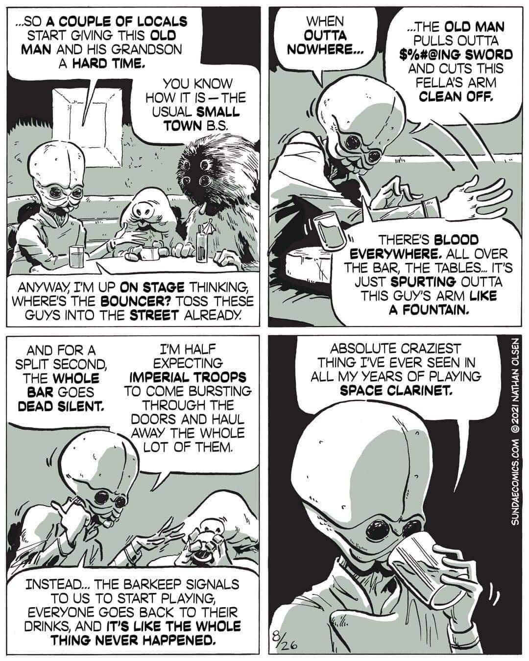 SO A COUPLE OF LOCALS START GIVING THS OLD MAN AND HS GRANDSON A HARD TIVE YOU KNOW HOW T ISTHE USUAL SWALL ANYWAY TM UP ON STAGE THINKING WHERES THE BOUNCER TOSS THESE GUYS INTO THE STREET ALREADY THE OLO MAN PULLS OUTTA 48ING SWORD AND CUTS THS FELLAS ARM CLEAN OFF THE BAR THE TABLES TS JUST SPURTING OUTTA THS GUYS ARM LIKE A FOUNTAIN AND FOR A IM HALF SPLIT SECOND EXPECTING THE WHOLE IMPERIAL T