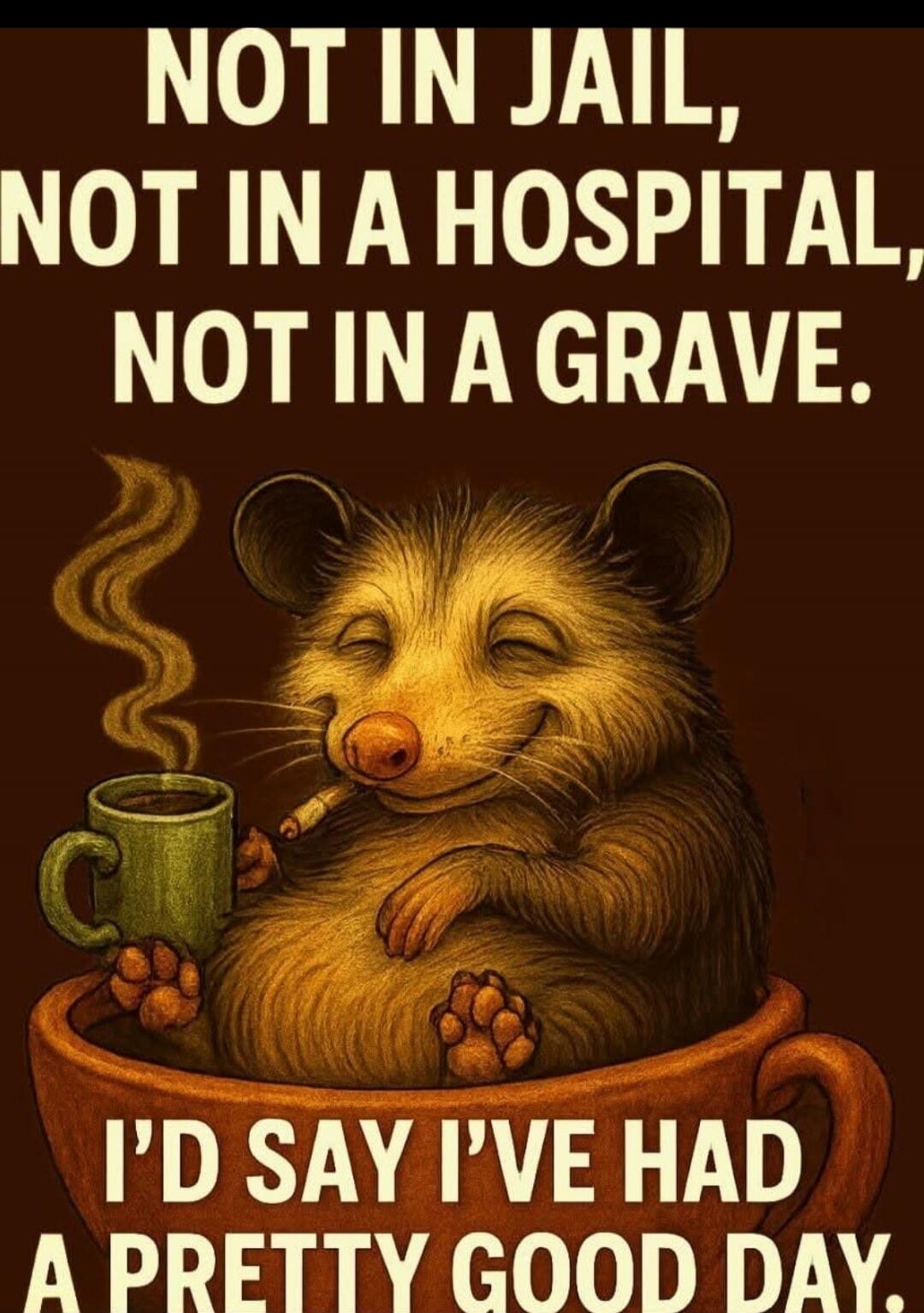 NOT IN JAIL, NOT IN A HOSPITAL, NOT IN A GRAVE. I'D SAY I'VE HAD A PRETTY GOOD DAY.