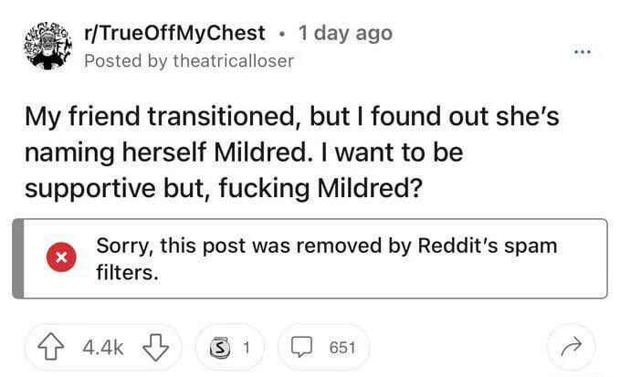 1TrueOffMyChest 1 day ago Posted by theatricalloser My friend transitioned but found out shes naming herself Mildred want to be supportive but fucking Mildred SO this post was removed by Redits spam filters Haakd 1 Qe