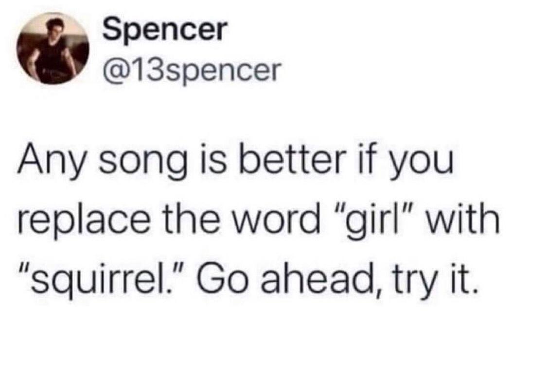 Spencer 13spencer Any song is better if you replace the word girl with squirrel Go ahead try it