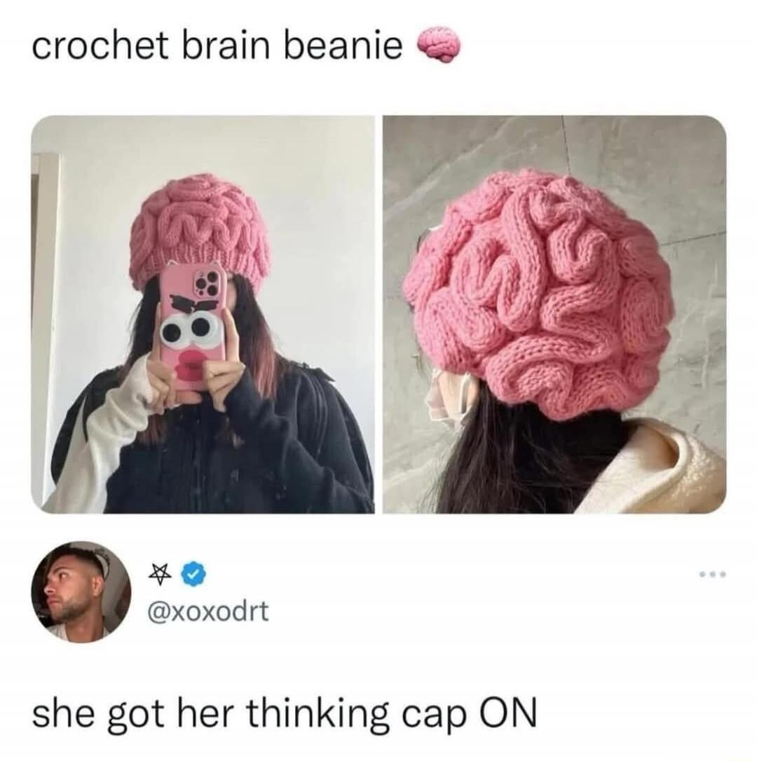 crochet brain beanie

[Image shows a bright pink crochet beanie shaped like a brain on a person taking a selfie; a second image shows the beanie from the side. A tweet underneath reads: 