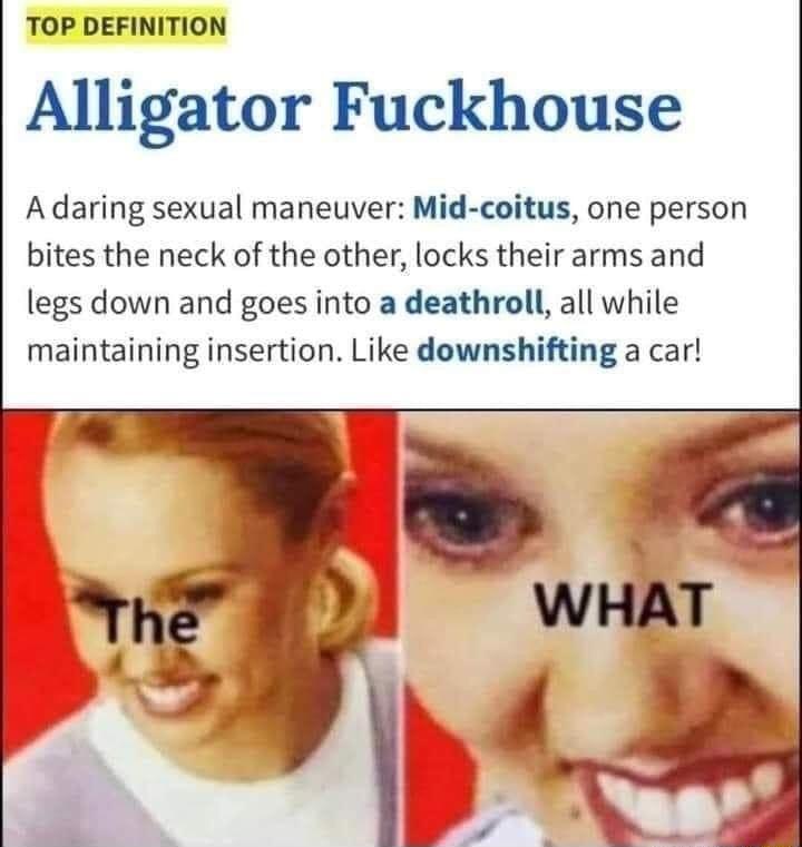 TOP DEFINITION Alligator Fuckhouse Adaring sexual maneuver Mid coitus one person bites the neck of the other locks their arms and legs down and goes into a deathroll all while maintaining insertion Like downshifting a car