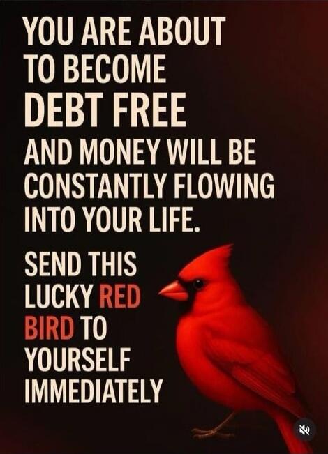 YOU ARE ABOUT TO BECOME DEBT FREE AND MONEY WILL BE CONSTANTLY FLOWING INTO YOUR LIFE. SEND THIS LUCKY RED BIRD TO YOURSELF IMMEDIATELY