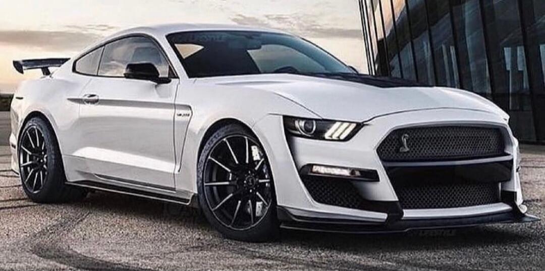 A white Ford Mustang Shelby GT500 is parked outdoors.