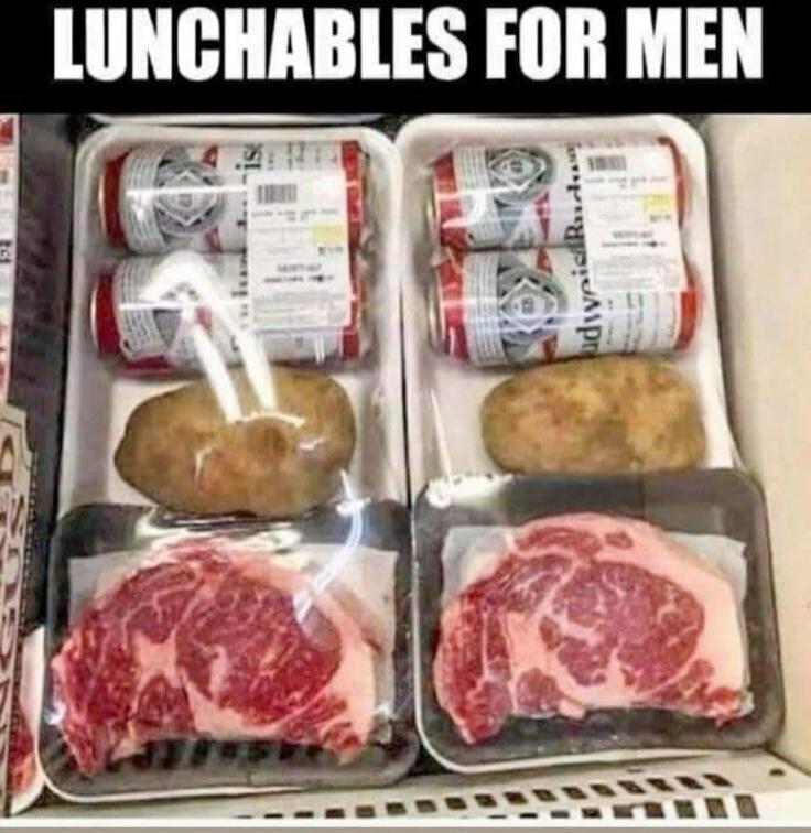 LUNCHABLES FOR MEN
Two trays with raw steaks and cans of beverages