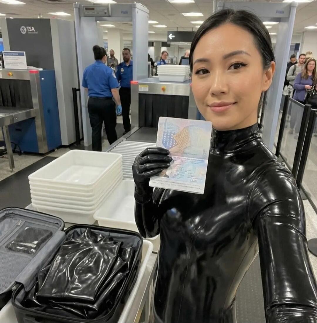 A woman in a shiny black latex outfit at an airport security checkpoint holding a passport.